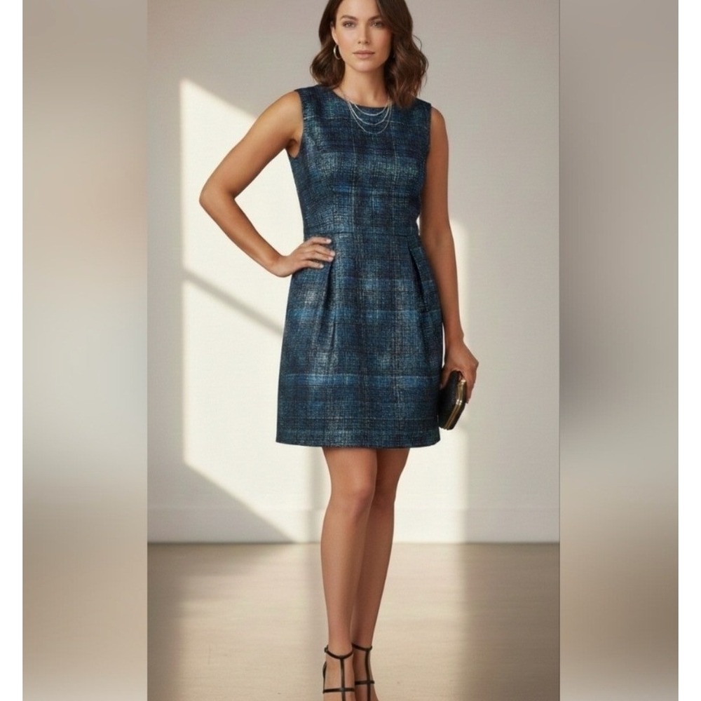 Milly Plaid Sheath Dress Womens SZ 2 Blue Excellent Sleeveless Pockets Zip Back